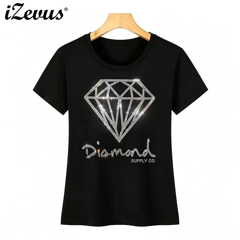 IZEVUS Hot Women's Summer Casual Cotton Short Sleeve T Shirt Shiny Diamond Hot Diamond T Shirt