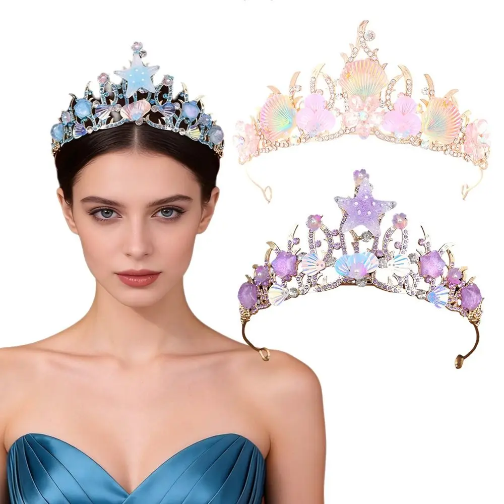 Sparkling Stars Crystal Shell Mermaid Sea Star Crown Tiara Headband Hair Accessories Handmade Bridal Crown view 2