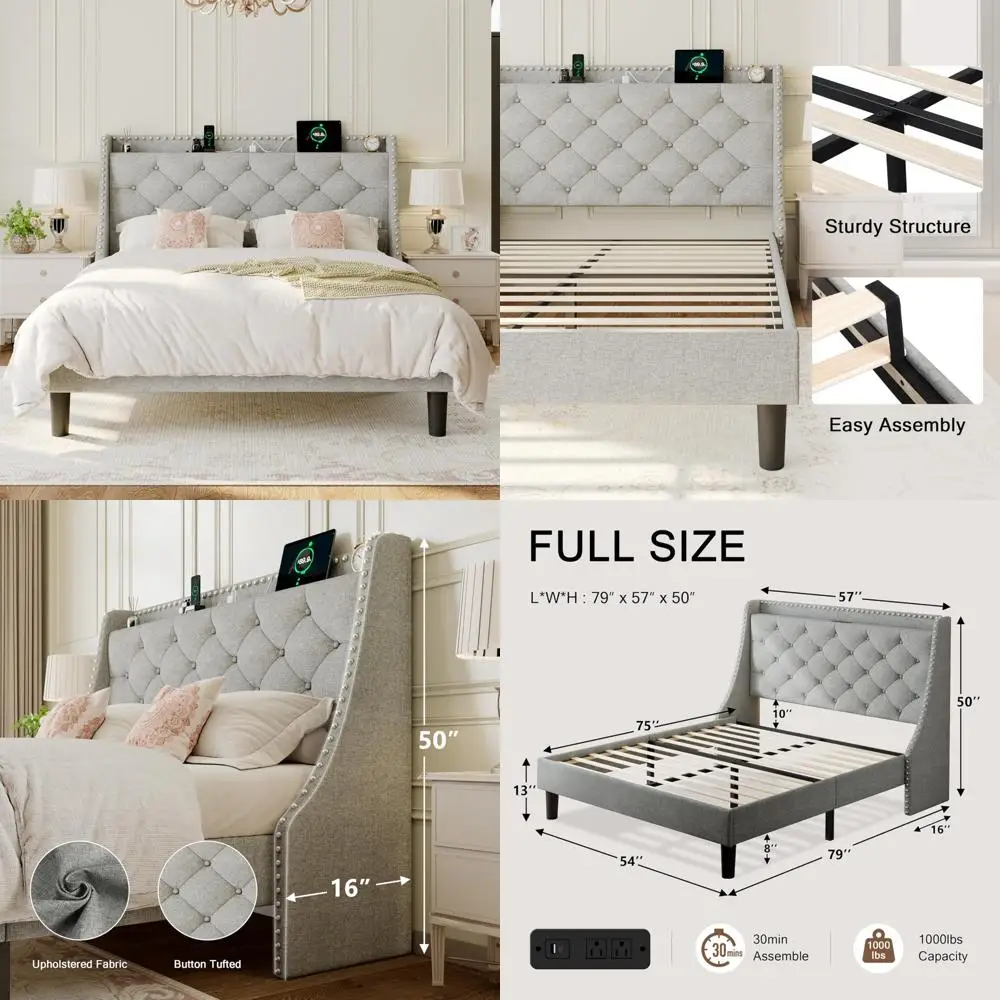 Upholstered Platform Bed with Wingback Button Tufted Storage Headboard, Full Size Bed Frame, AC Ports, Wooden Slat Support
