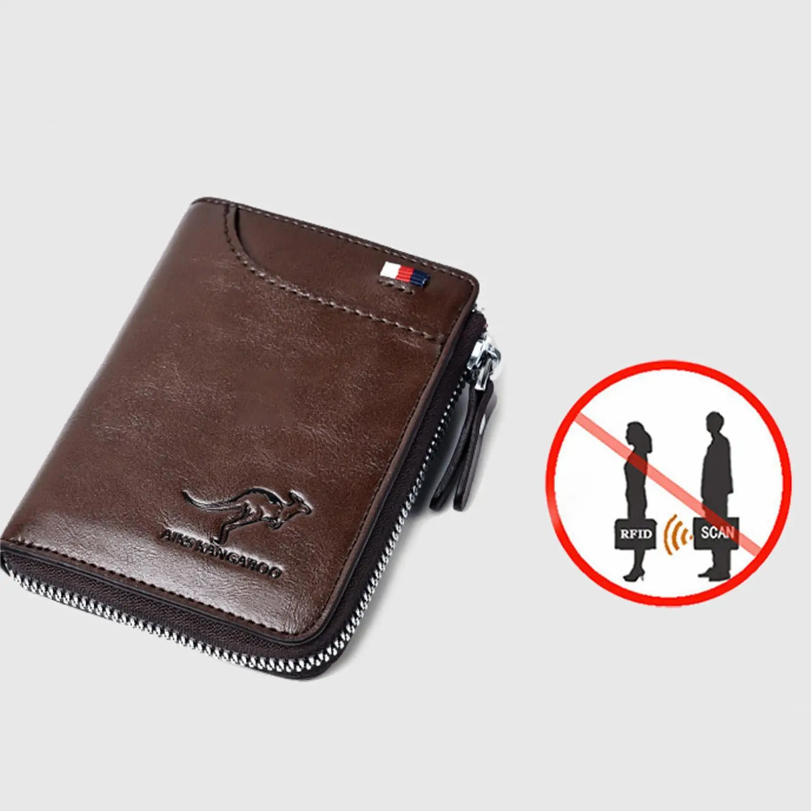 محفظة بسحاب من الجلد الطبيعي للرجال، تصميم قديم مع نافذة لبطاقة الهوية وجيب للعملات المعدنية، محفظة ذات سعة كبيرة للبطاقات النقدية