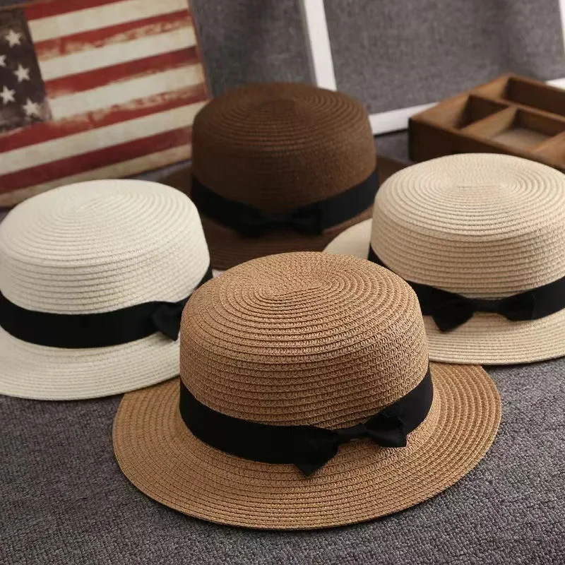 

Summer Vintage Bow Wide Brim Hat - Breathable Knitted Flat Top screen Beach Cap for Women