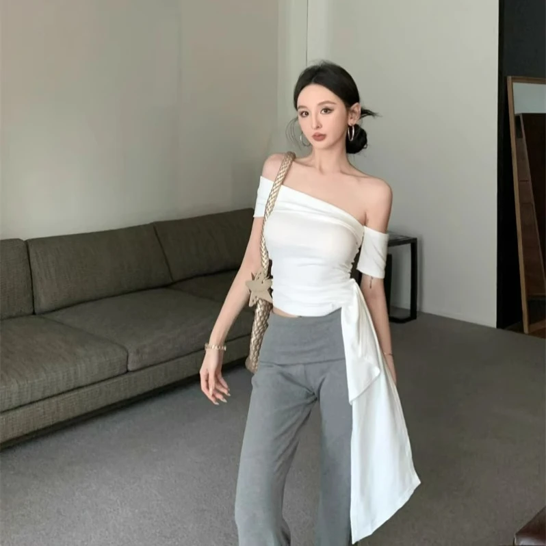 

KUSAHIKI Off Shoulder Short Sleeved Slim Fit T-shirt for Women Summer Tight Fitting Spicy Girl Y2k Top