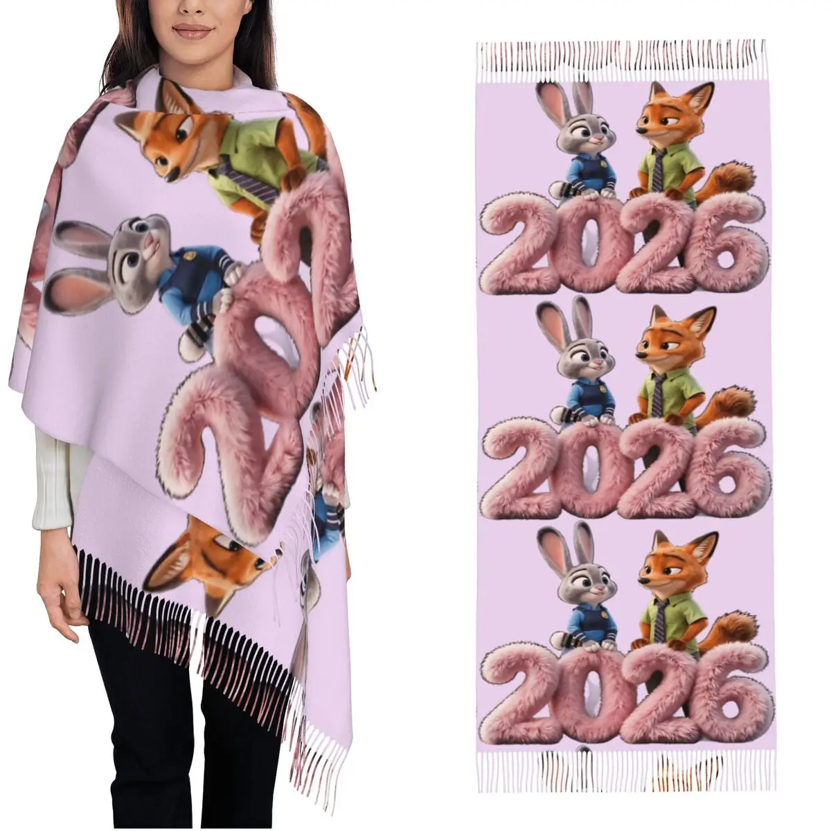 

Женский шарф-платок с кисточками по мотивам фильма «Зверополис 2» (Ник и Джуди), повседневная шаль-бандана для сохранения тепла