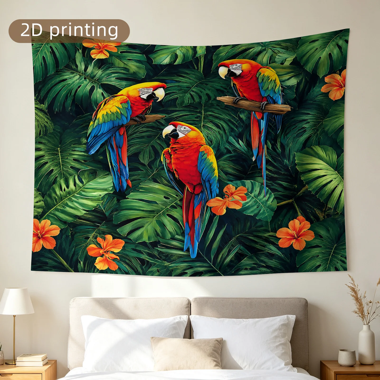Tropical Parrot Macaw Wall Tapestry Jungle Rainforest Botanical Decor Hanging Art Print Polyester Fabric for Home Living Room Be