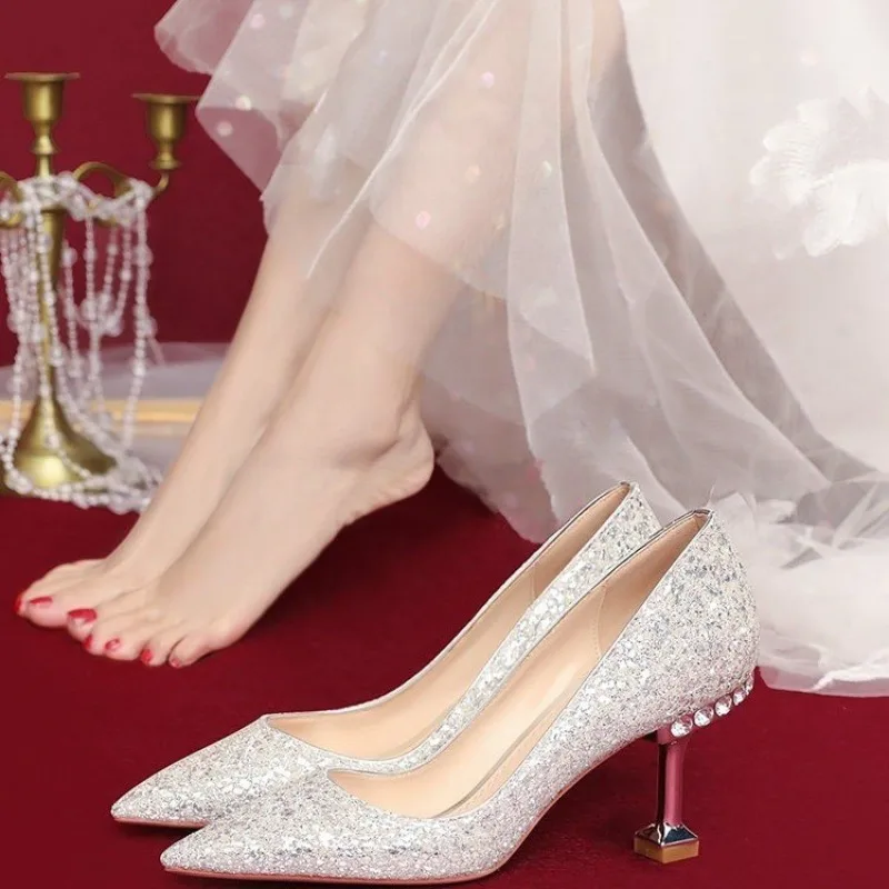 

2026New Women Fashion Rhinestone Pumps Shallow Mouth Fashion Office Work Wedding Party Shoes Low Thin Heel Dress Shoes