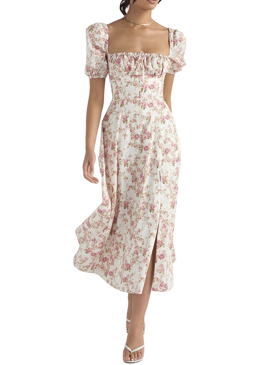 Vestido largo bohemio elegante con hombros descubiertos y manga con volantes y estampado floral para mujer con cintura fruncida para verano 2022