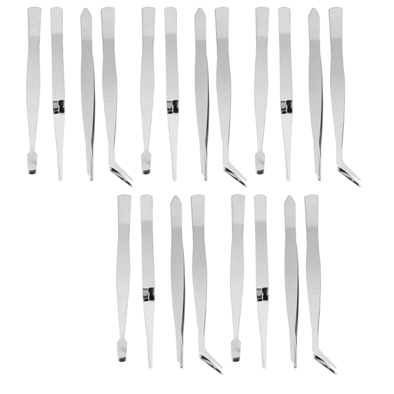 20Pcs Precision Tweezers Stainless Steel Thick Electronics Forceps Eyebrow Tweezers Anti-Skid Makeup Repair Multi Tools