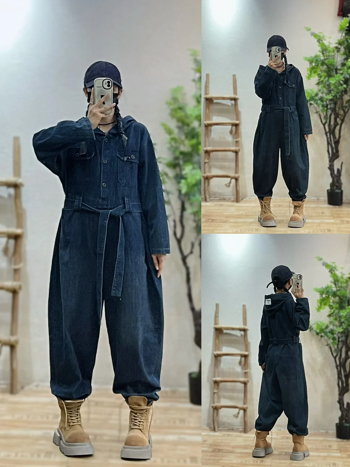

Retro Workwear Denim Jumpsuit Women's Loose Slimming Waist Cinched Hooded Pants Cotton Blend Commute Sle Autumn New Arrivals