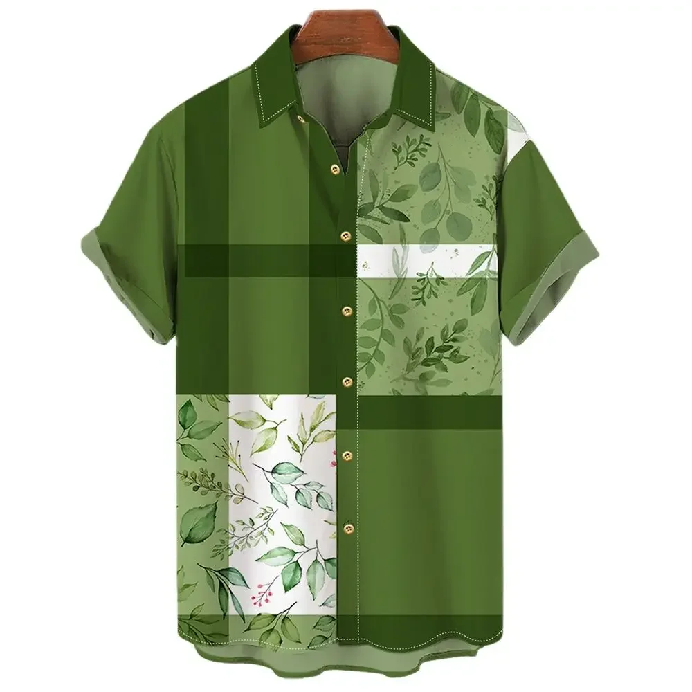 2023 Hawaiian Men's Shirt with 3D Plant Print Cotton and Spandex Short-sleeved Summer Shirt with Buttons EU Large Beach Clothing