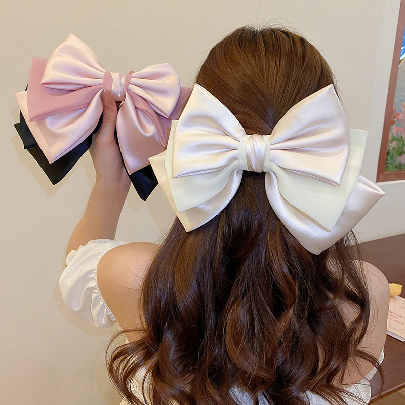 Sweet Pink Bow Hairpins Solid Color Big Bowknot Hair Clips Women Girls Soft Satin Barrettes Clip Party Wedding Hair Accessories