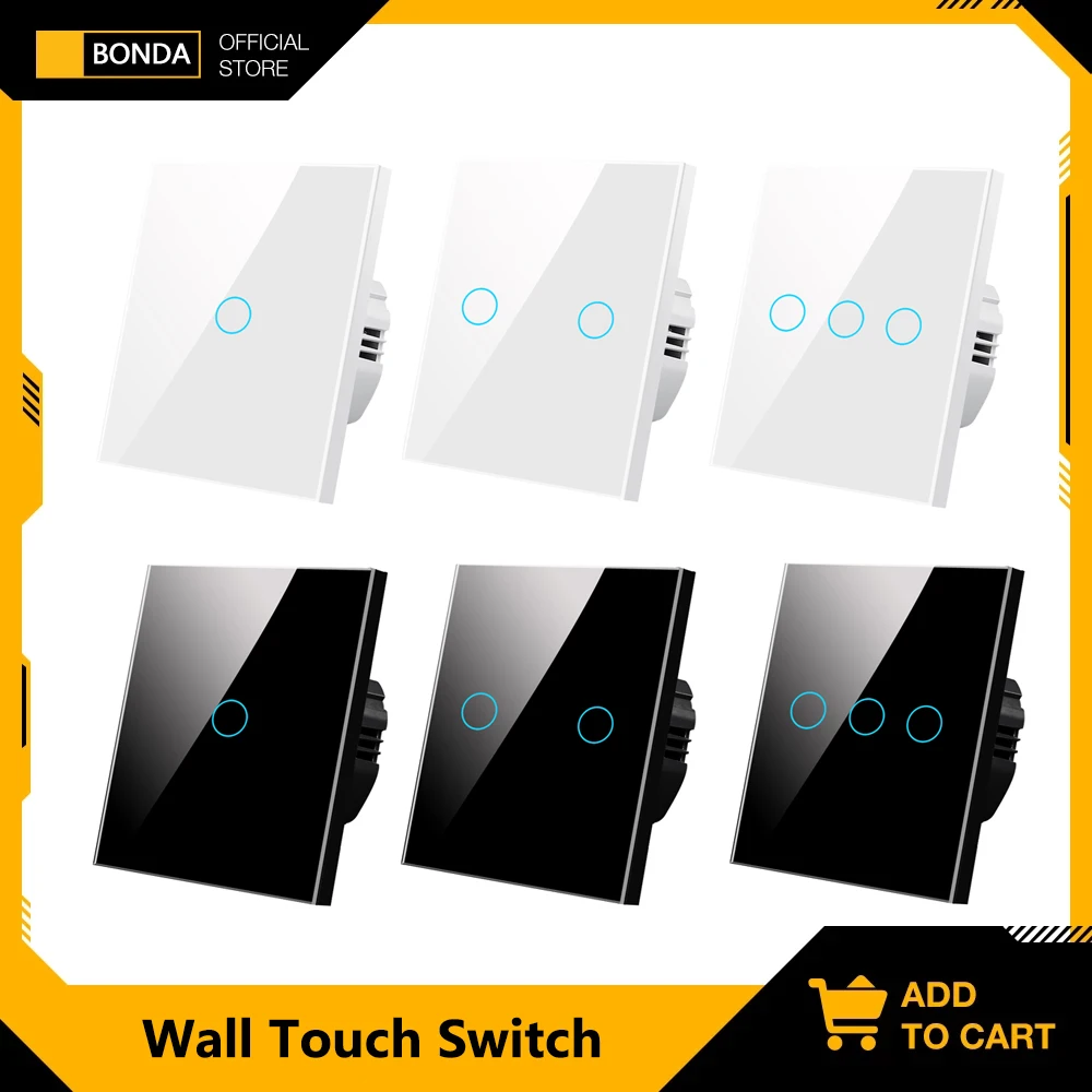 BONDA wall switch, EU standard, white crystal, tempered glass panel, touch switch, wall touch screen, Ac220v, 1 way, wall lamp