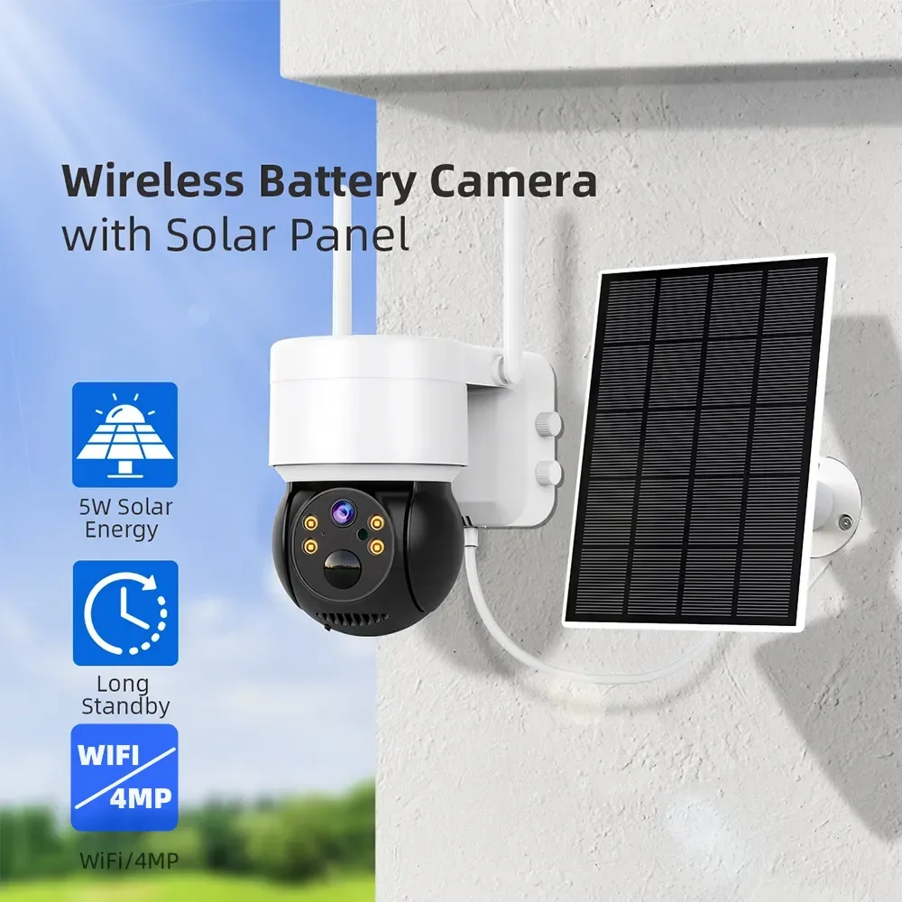 Cámara Solar PTZ WiFi para exteriores, videocámara IP inalámbrica de 4MP HD con batería integrada, cámara de videovigilancia con Panel Solar,