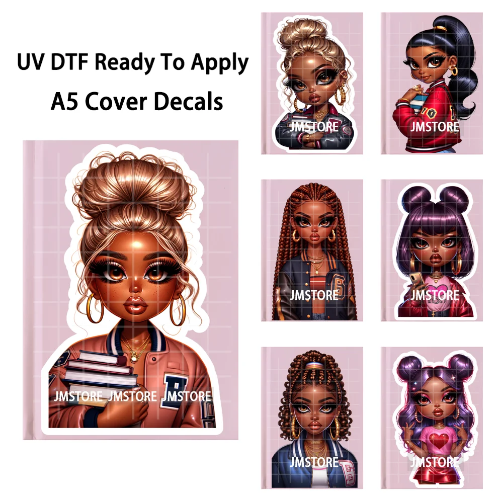 Afro Chibi Doll Black Girl Planner UV DTF Notebook Cover Decals Ready To Apply Durable Transfer Stickers For A5 Journal Cover