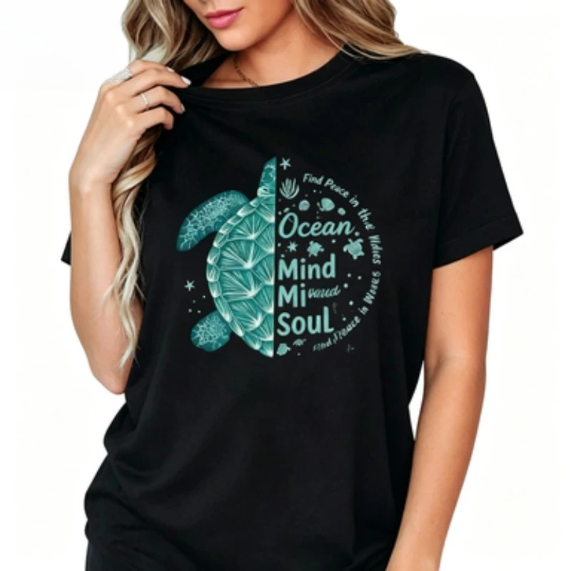 Women Round‑neck Cotton T‑Shirt Sea Turtle Ocean Slogan Graphic Print Marine Animal Casual Short‑sleeve Ladies Tops