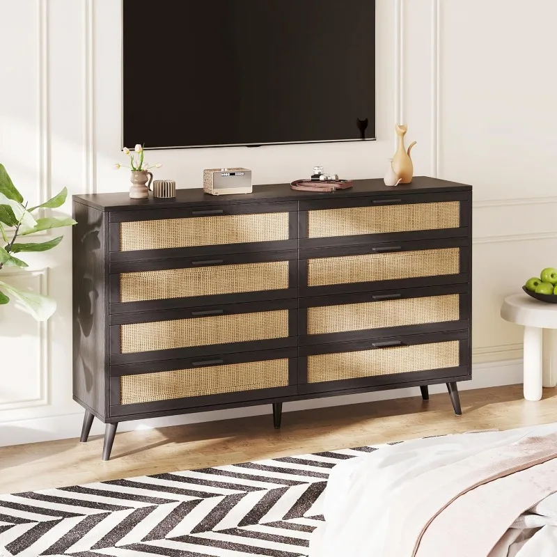 

HOME. 8 Drawer Double Dresser for Bedroom, Rattan Chest of Dressers, Modern Wooden Dresser Chest with Golden Handles