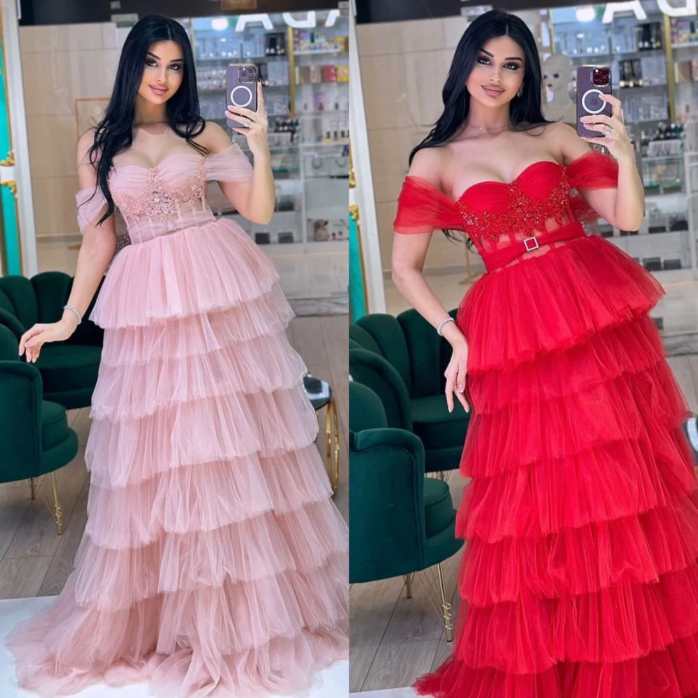 

Customized Casual Sexy Tulle Tiered Rhinestone Beading Sequined Ball Gown Off-the-shoulder Long Dresses Bespoke Occasion Dresses