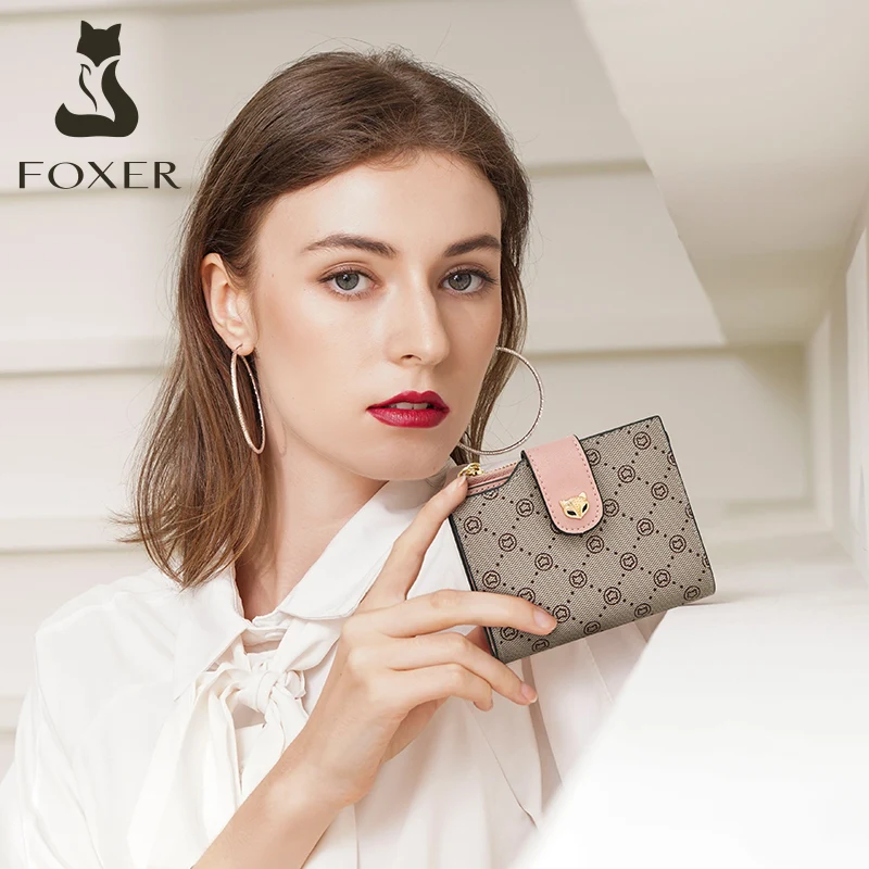 FOXER Women's Short Wallet Fashion Signature Bag 2026 New Monogram Female Card Holder Lady Clutch Wallet Mini Coin Purse as Gift
