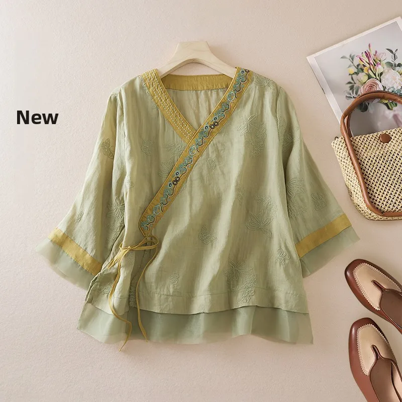 Retro Chinese Cotton Linen Embroidered irt Women Summer Ogeen Splicing Oblique Sve Tea Costume Top Straight Cut Regular ...