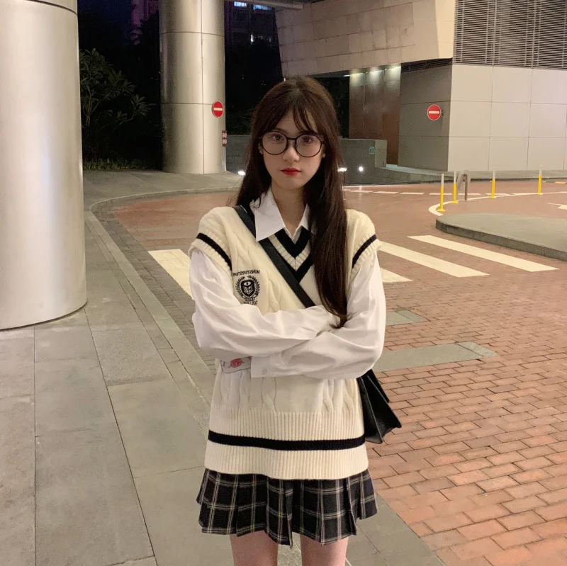 Retro Sweter Bez Rękawów Damski Wiosenno-Jesienny, Styl College, Nowy Model 202, Jednolity Kolor, Dekolt V, Regularna Długość