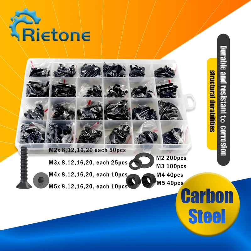 

M2 M2.5 M3 M4 M5 Grade 10.9 Steel Black Hex Hexagon Socket Flat Countersunk Head Screw Allen Key Bolt Nut Washer Set Kit