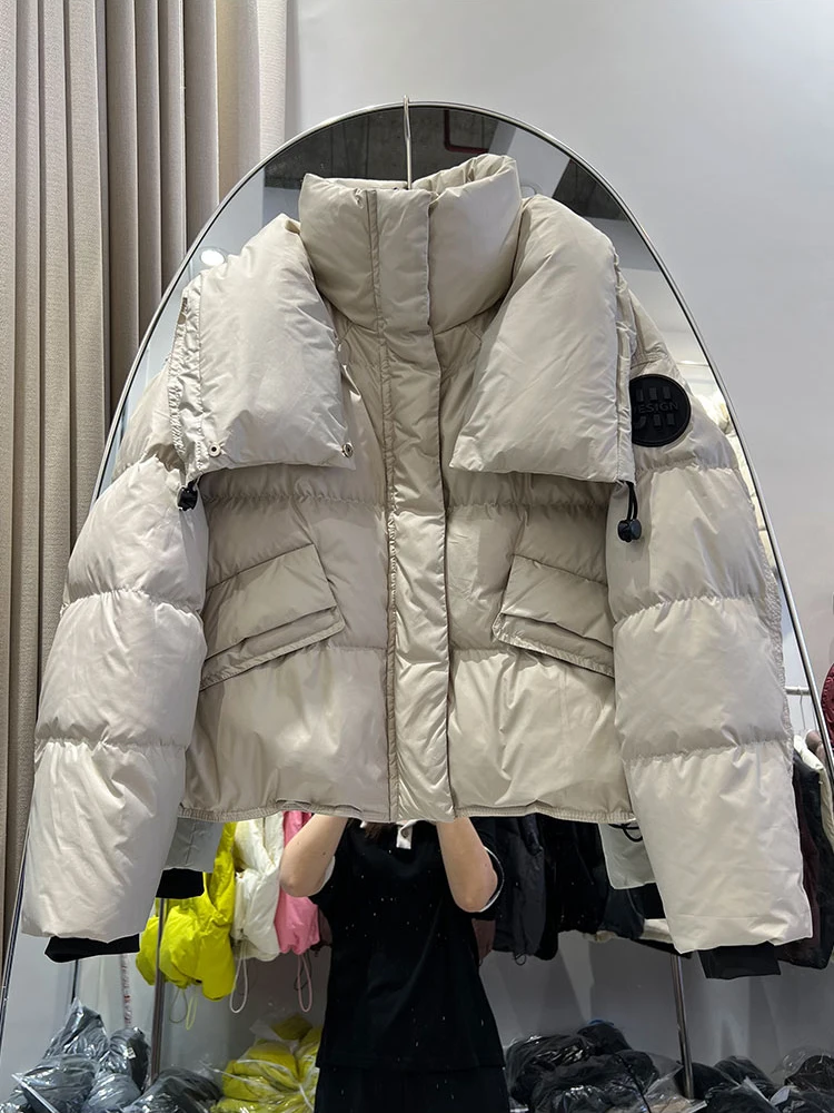 

Winter Short Big Lapel Fluffy Warm Down Jacket Female Solid Thicken Puff Jackets Women White Duck Down Zipper Parker Outwears