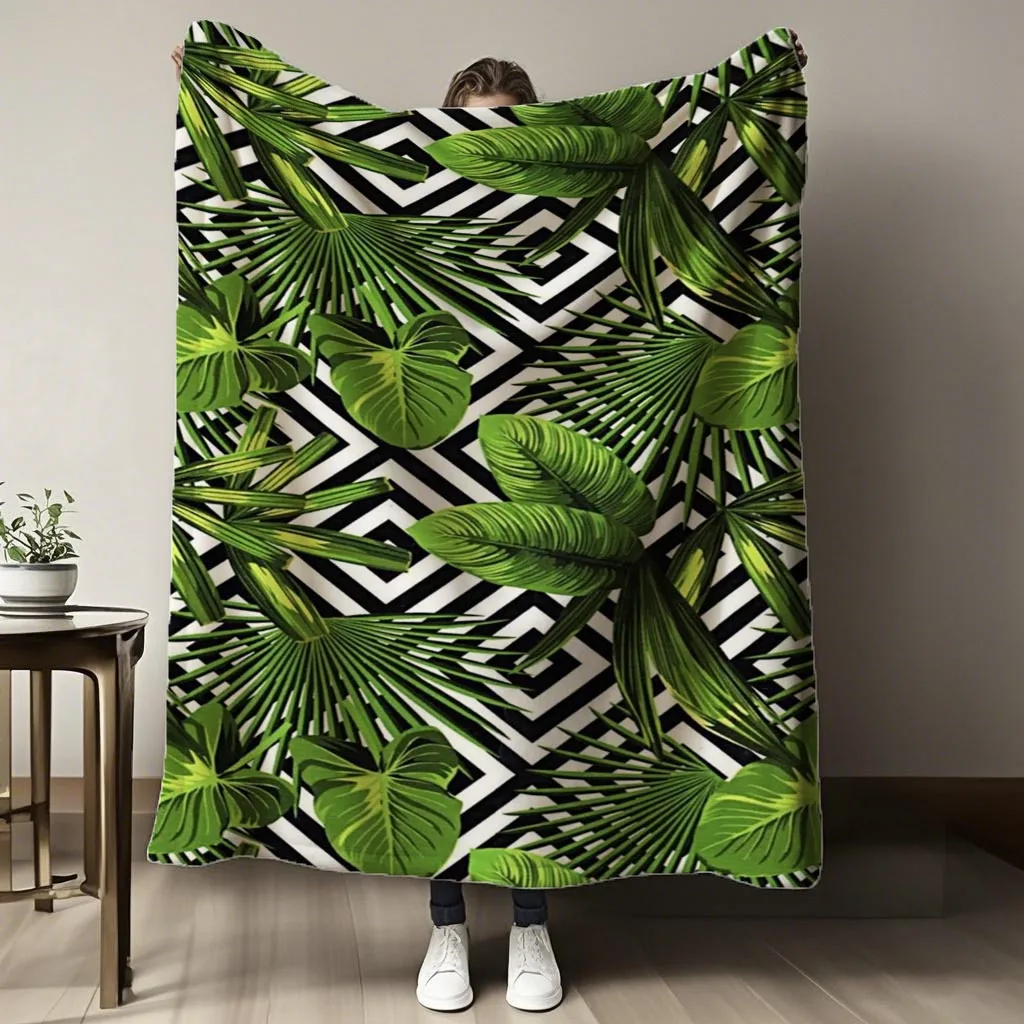 1pc Tropical Green Leaf Geometric Patchwork Pattern Printed Fleece Blanket, All-Season Use, Suitable for Sofa And Bed, Ultra-Sof