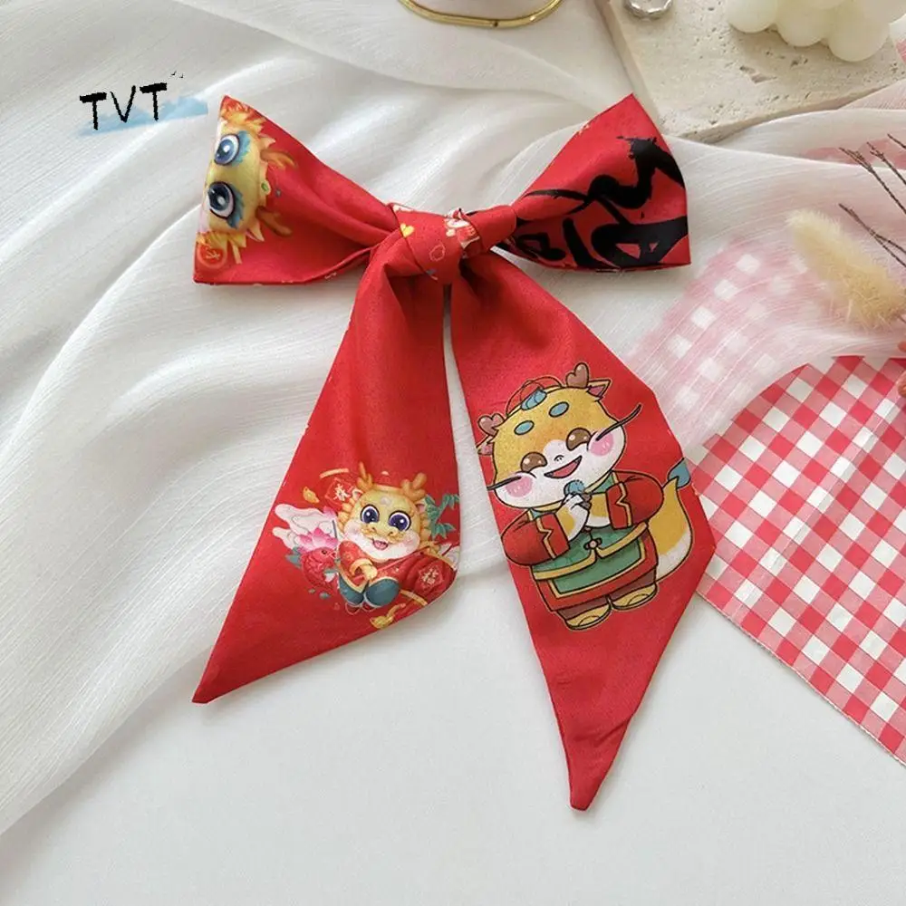 

Dragon Pattern New Year Red Silk Scarf Printed New Year Scarves Long Scarf Collocation Clothing Accessories Ribbon Headband
