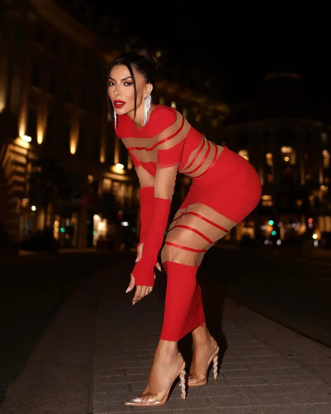 Red Black White Color Women Long Sleeve Sexy Mesh Bodycon Long Dress Nightclub Party Fashion High Street Photo Shoot Dress