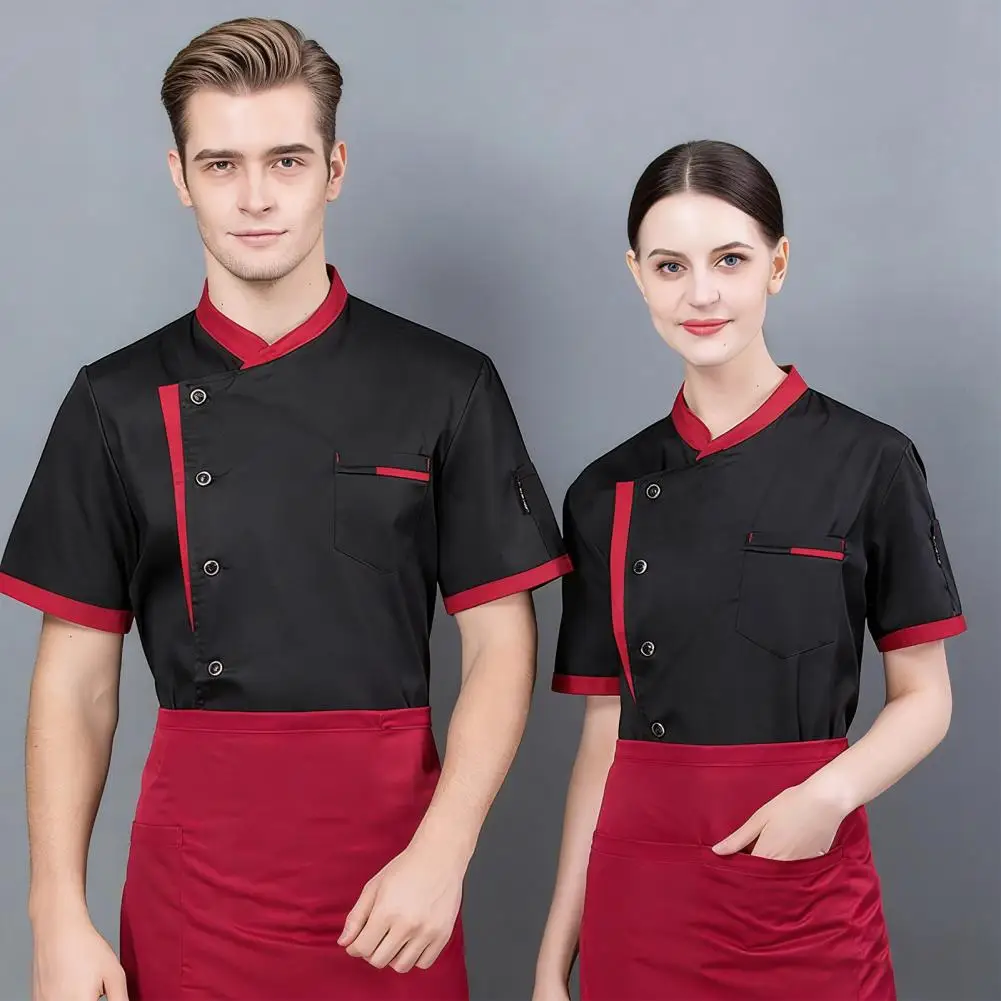 

Chef Uniform Chinese Stand-Up Collar Short Sleeve Unisex Chef Tops with Button Closure Functional Pocket Restaurant Kitchen Wear