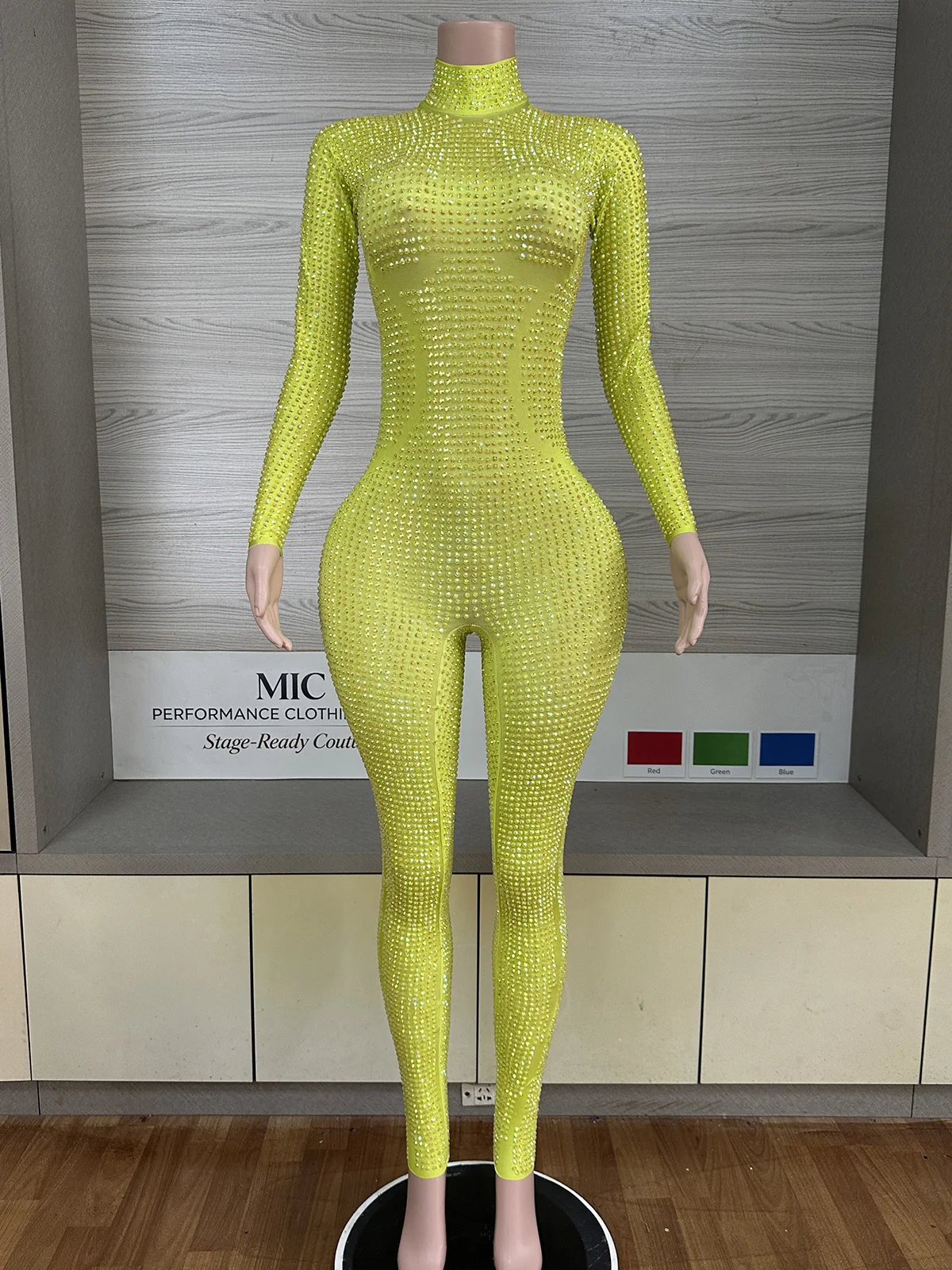 Women Women Neon Yellow Rhinestone High Neck Long Sleeve Sheer Mesh jumpsuit Sexy Luxury Showgirl Stage Drag Queen Party - Aliexpress Deal
