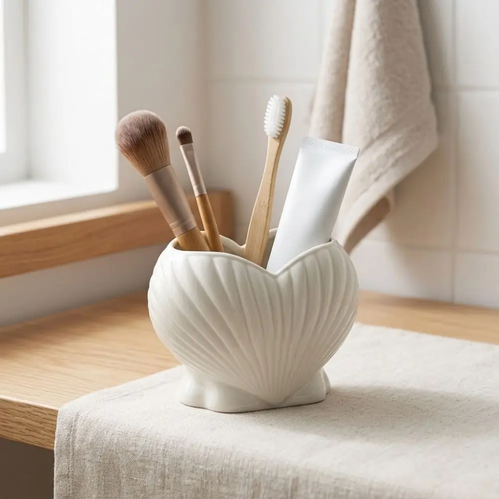 3D Printed Shell Shape Toothpaste Toothbrush Holder Coastal Style Aesthetic Heart Shell Desk Organizer Stable Base Plastic