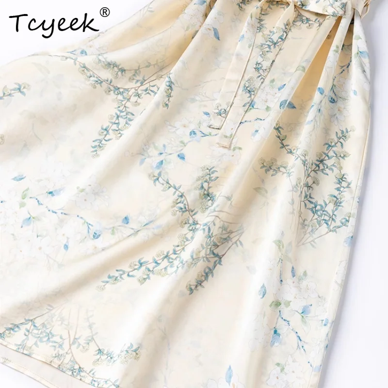 Tcyeek Women's 100% Mulberry Silk Dress,Plain Satin Printing Straight O-neck Loose Short Sleeved Summer Chemise Dress D55624JF