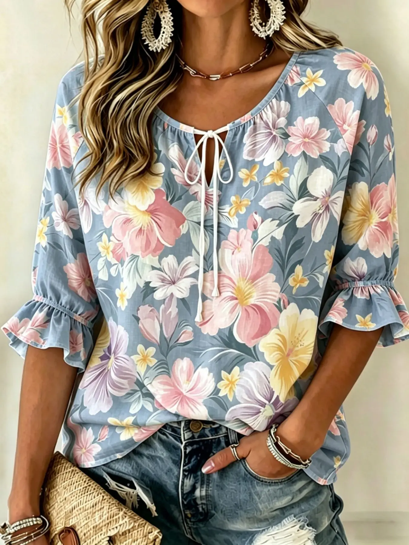 

Women's Blue Multicolor Floral Print Tie Neck Blouse, Casual Loose Tops for Spring Summer Daily Wear & Vacation Occasions