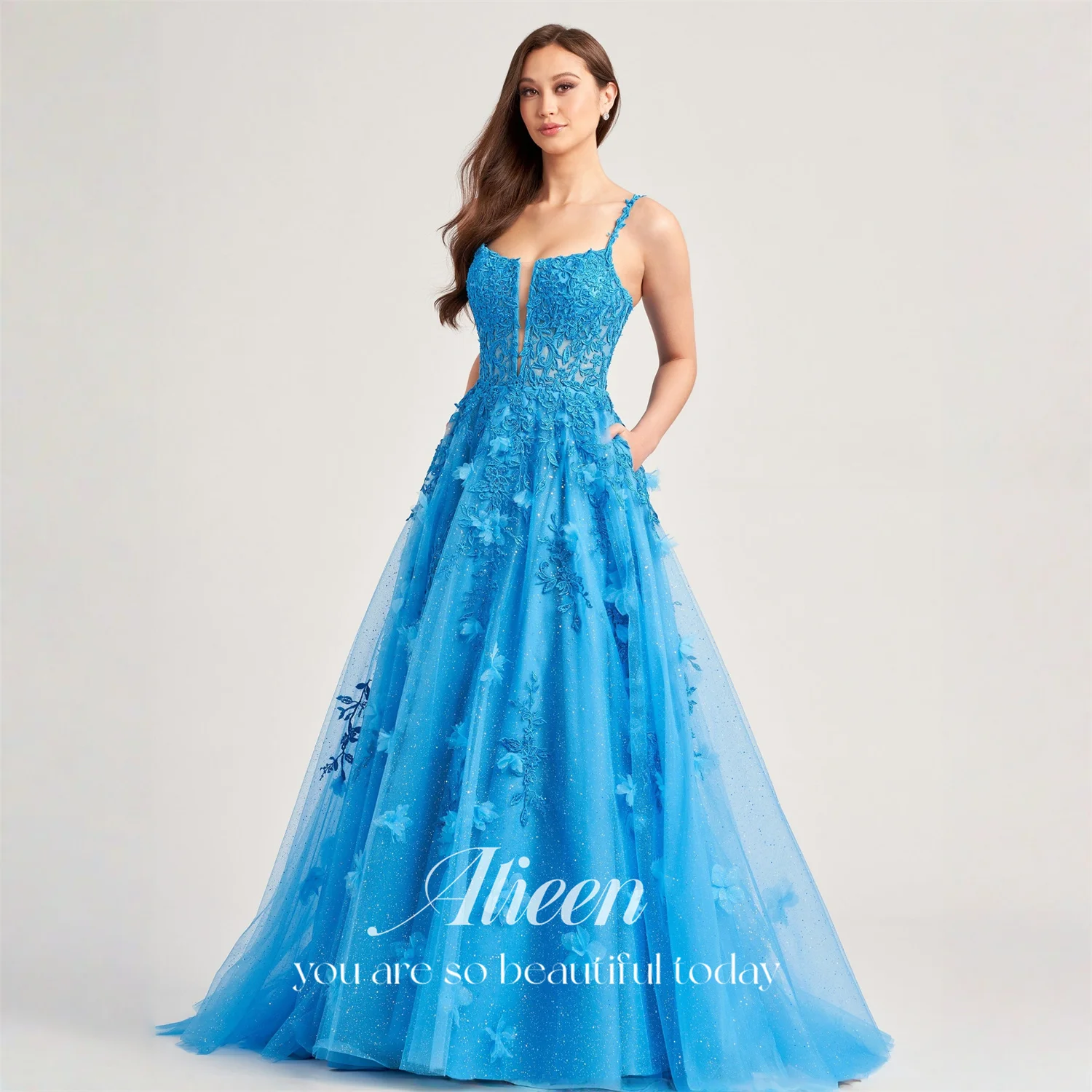

Evening Dress Women European Blue Tulle Sweetheart Ball Gown Flowers Formal Aileen Sleeveless Floor-Length 2026 Customized