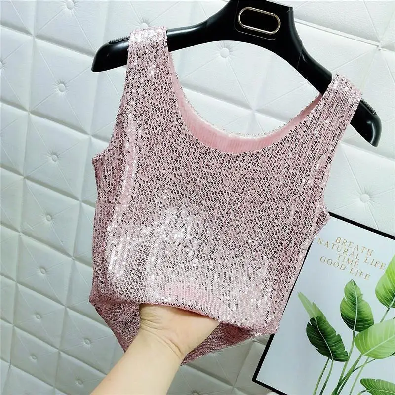 Summer Sparkling Sequins Tank Tops Hollow-out Top U Neck Cropped Sexy Streetwear Camis Tees Woman Tops Summer