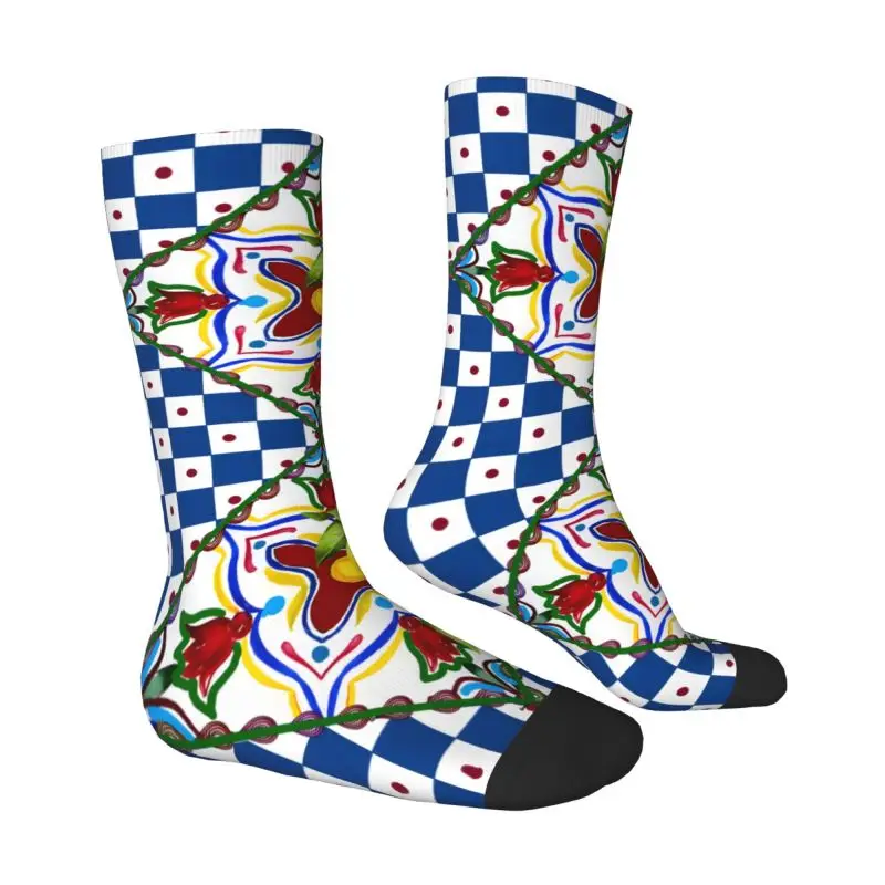 Custom Mediterranean Style Lemons Citrus Sicilian Tiles Dress Socks Men Women Warm Fashion Crew Socks