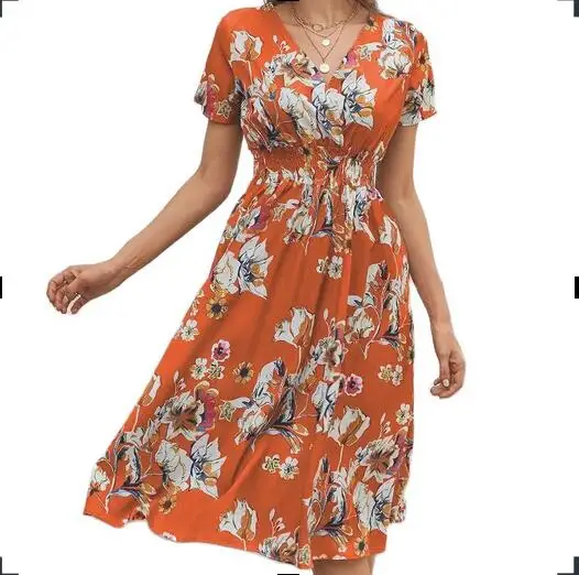 

Midi Dress Plants Floral Printed Bohemia Short Sleeves V Neck Tunic Elastic Waist A Line Summer Autumn Winter XL