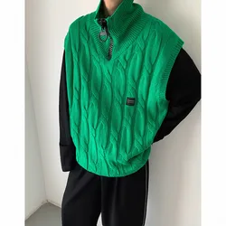 Pull court sans manches pour hommes, mode décontractée, pull en tricot à revers, fermeture éclair, ample, coréen, automne
