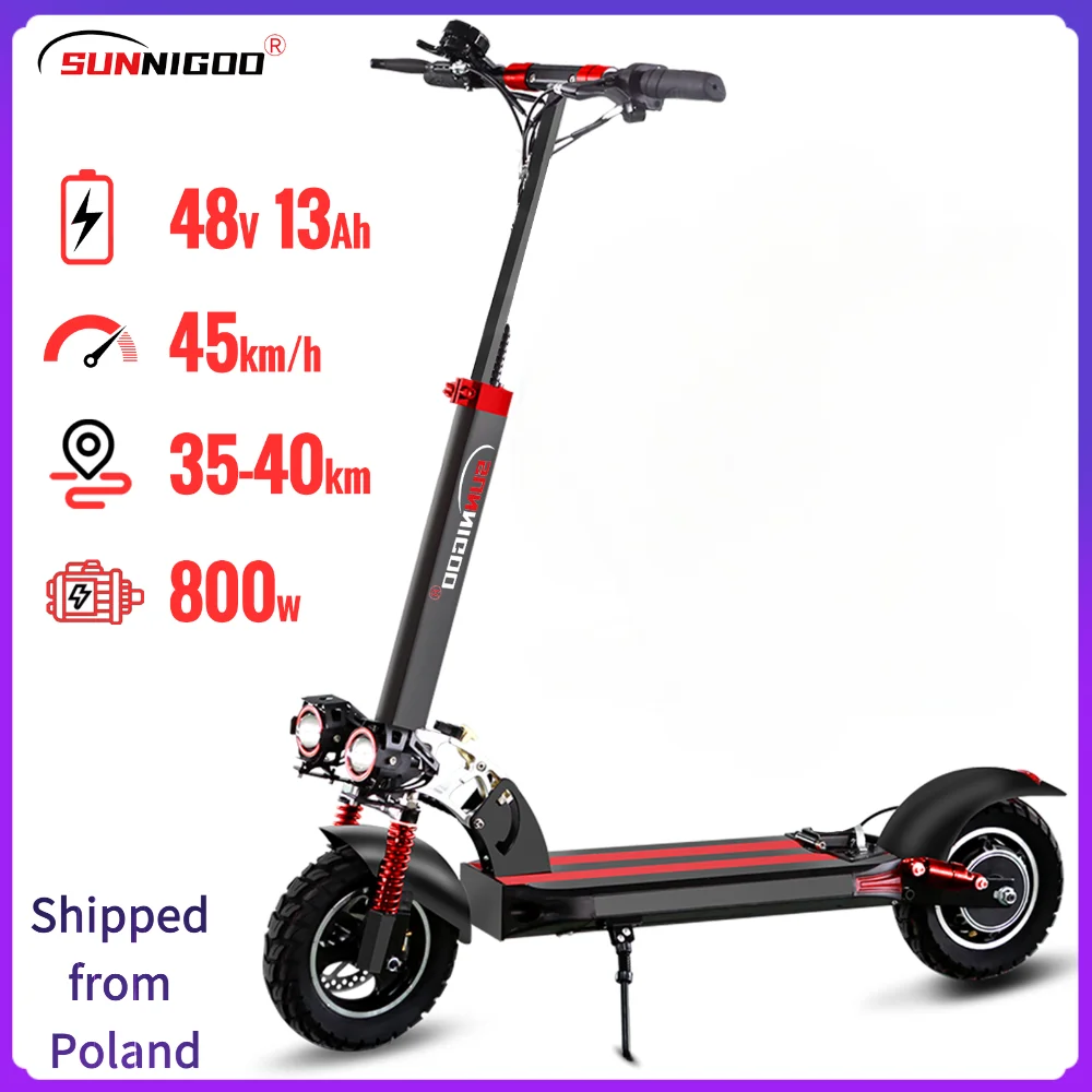 SUNNIGOO Commuter E-Scooter 48V 800W 10 Zoll Offroad-Reifen Angel-Eye-Scheinwerfer Elektroroller für Erwachsene Faltbarer E-Scooter IP54 Wasserdicht 15Ah Lithium-Batterie Abnehmbarer Sitz Doppelte