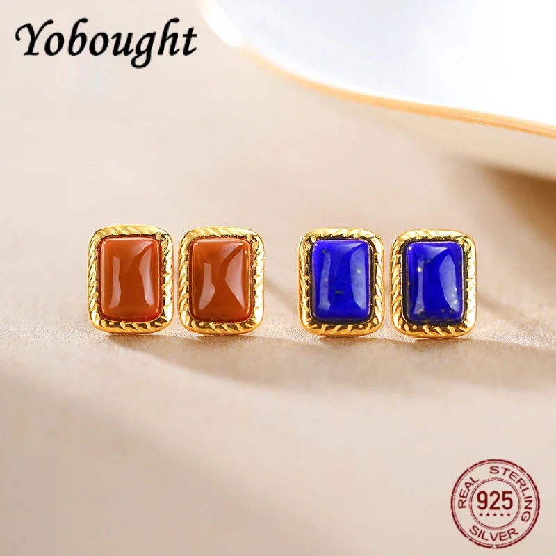 

NEW 925 Sterling Silver Retro Simple Natural Lapis Lazuli/red Agate Square Earrings For Women's Fashion Jewelry Gift