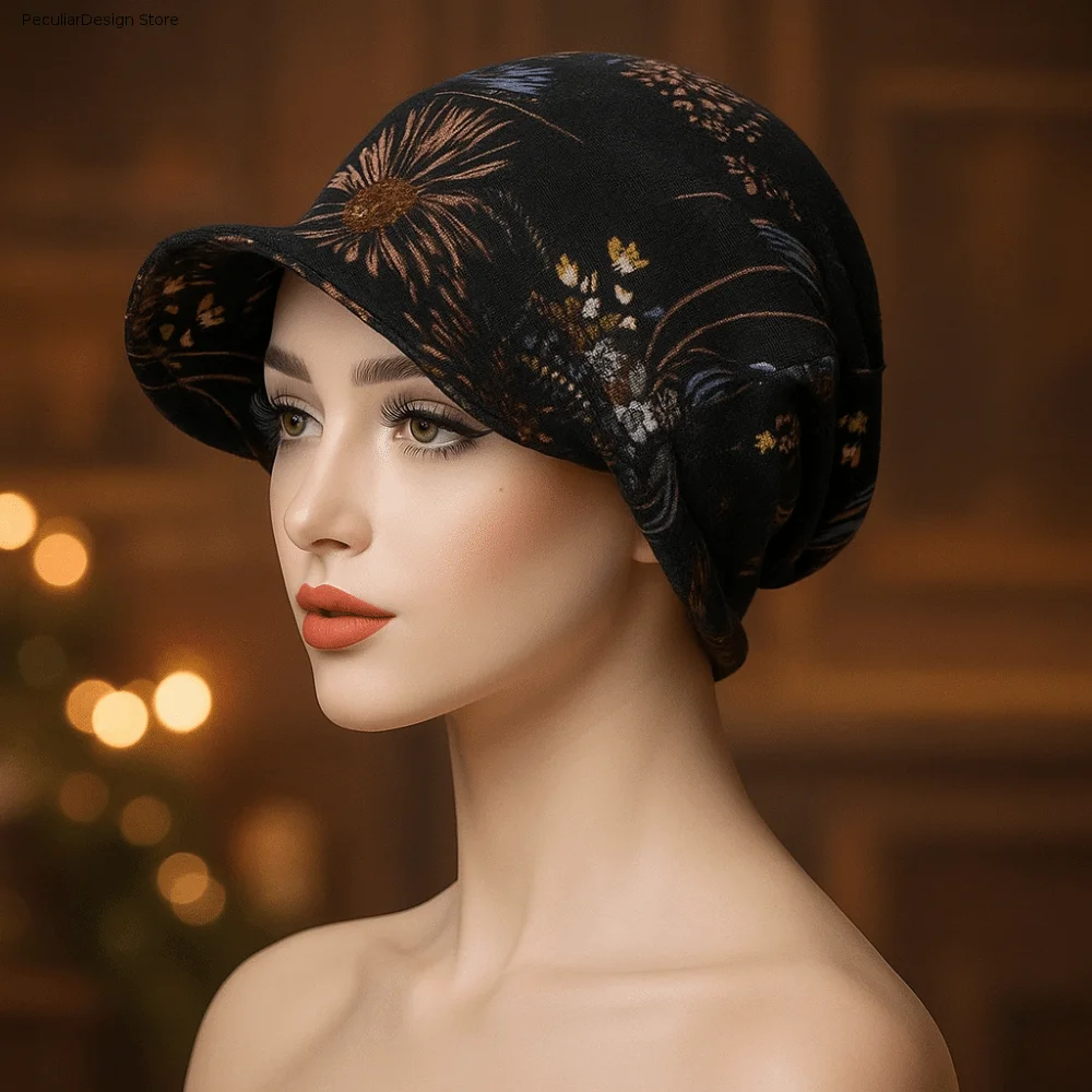 Slouch Design Print Design Chemo Caps Breathable Comfortable Hair Loss Cap Cotton Short Brimmed Visor Cap Head Scarf