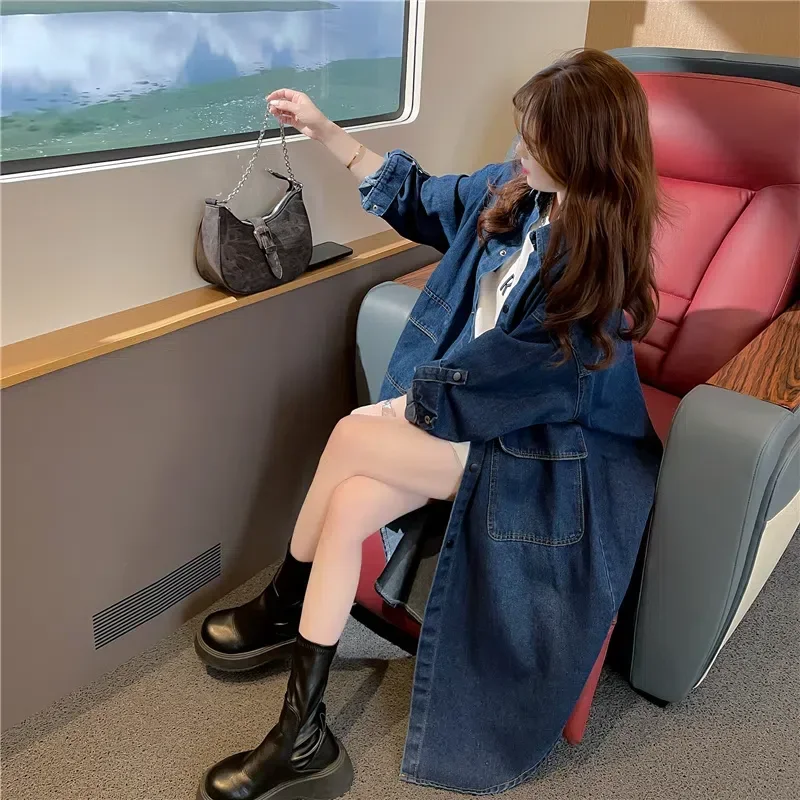 2023 Fashion Trend Elegant Solid Color Long-sleeved Slim X-L Long Denim Jacket Windbreaker 2023 New Spring Women's Jeans Jacket