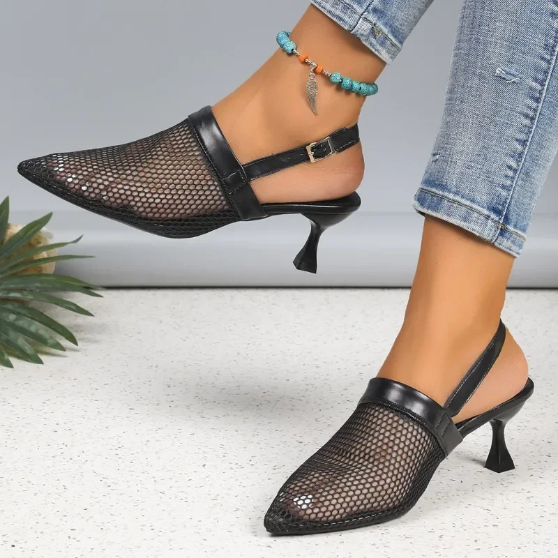 Women\'s Sandals Summer New Medium Heel Pointed Head Mesh Buckle Slippers Casual Comfortable Breathable Stiletto Sandals