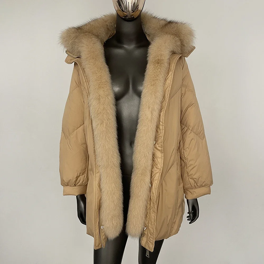 Piumino da donna in vera pelliccia di volpe naturale nuovo piumino invernale in piuma d'oca bianca spessa parka medio-lungo piumino caldo allentato femminile