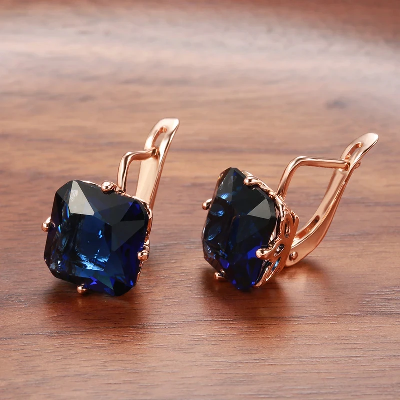 Square Blue Large Zircon Drop Earrings for Women Geometric Cut Stone Pendant Vintage Fashion Jewelry Party Accessories