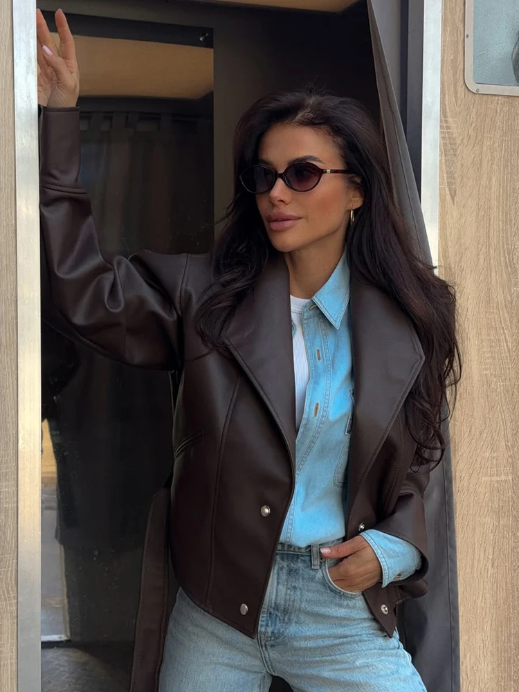 Retro Faux Leather Cropped Jacket Women Coats Lapel Waist Belt Long Sleeve Single Breasted Vintage Moto Biker Street Outerwears