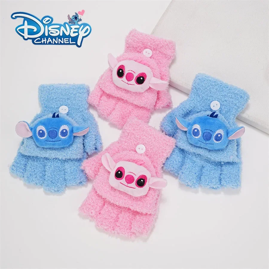 Disney Stitch Cartoon Gloves Warm Anime Coral Velvet Outdoor Autumn Winter Cute Children's Five-Finger Gloves Gifts for Children