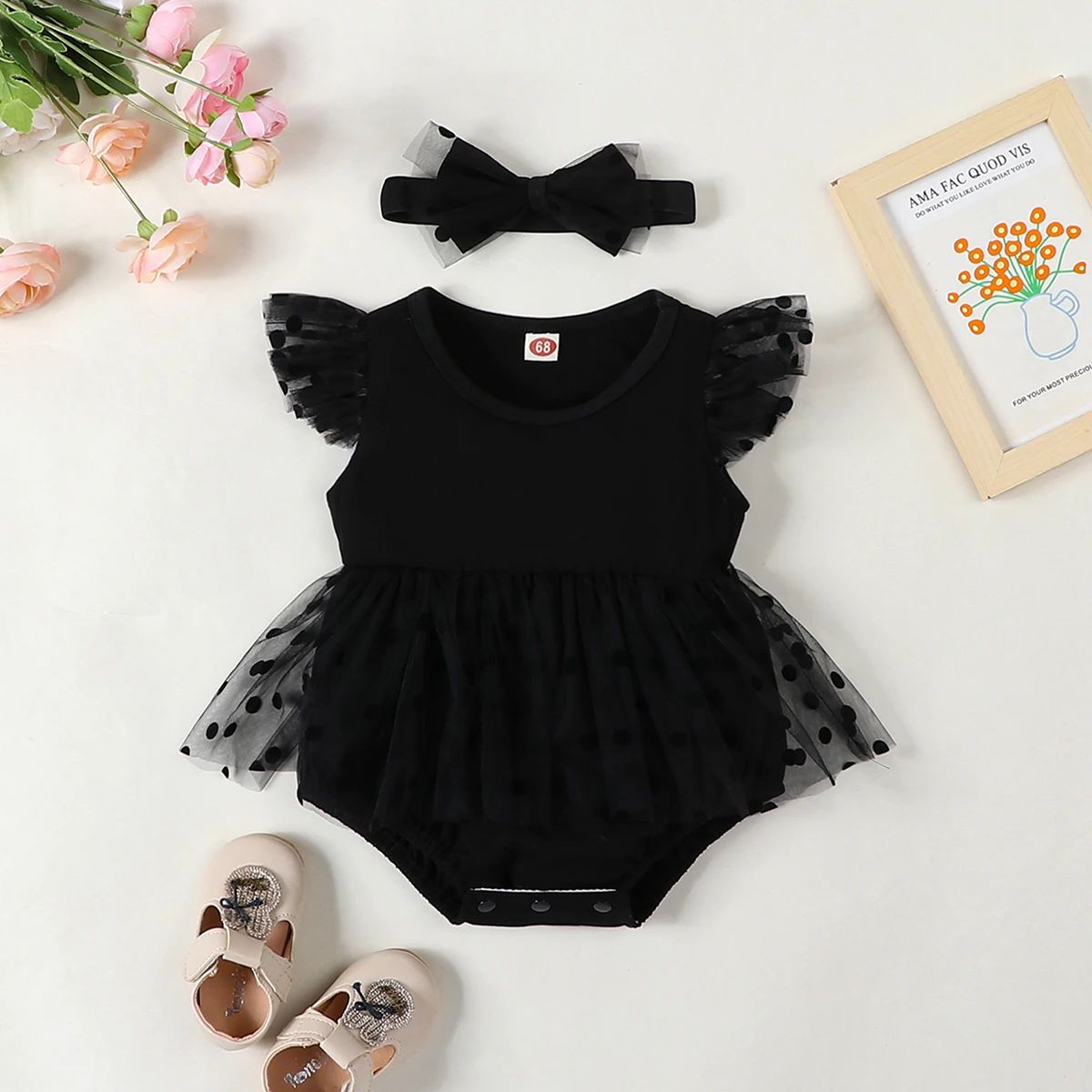 Elegant polka dot chiffon fabric with flying sleeves and A-line skirt for baby girl suitable for parties and vacations in summer