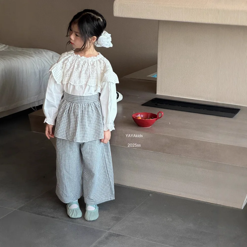 Shirt Pants Girls 2025 Spring Clothing New Korean Stacked Cotton and Hemp Checkered Straight Leg Pants Shirt