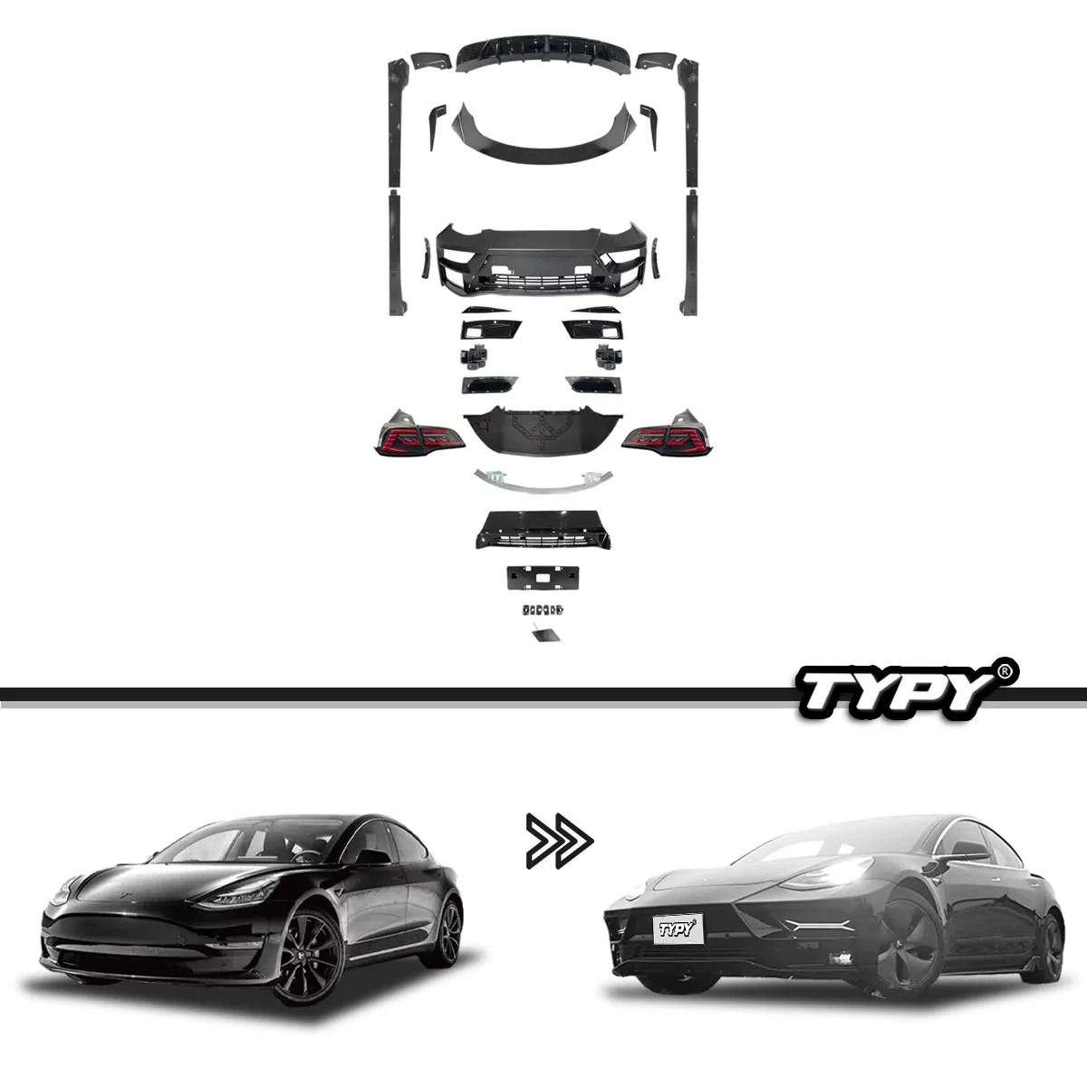 

TYPY Car Body Kit For Tesla Model 3 Front Bumper Rear Spoiler Splitter Tailpiece Aerodynamic Components